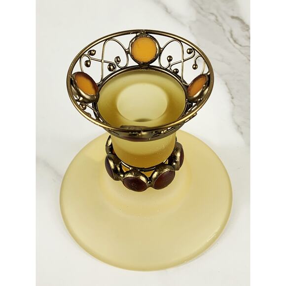 PartyLite Paris Retro Taper Candle Holder Yellow Frosted 3 3/4" Amber Jewel 80's - Picture 3 of 16